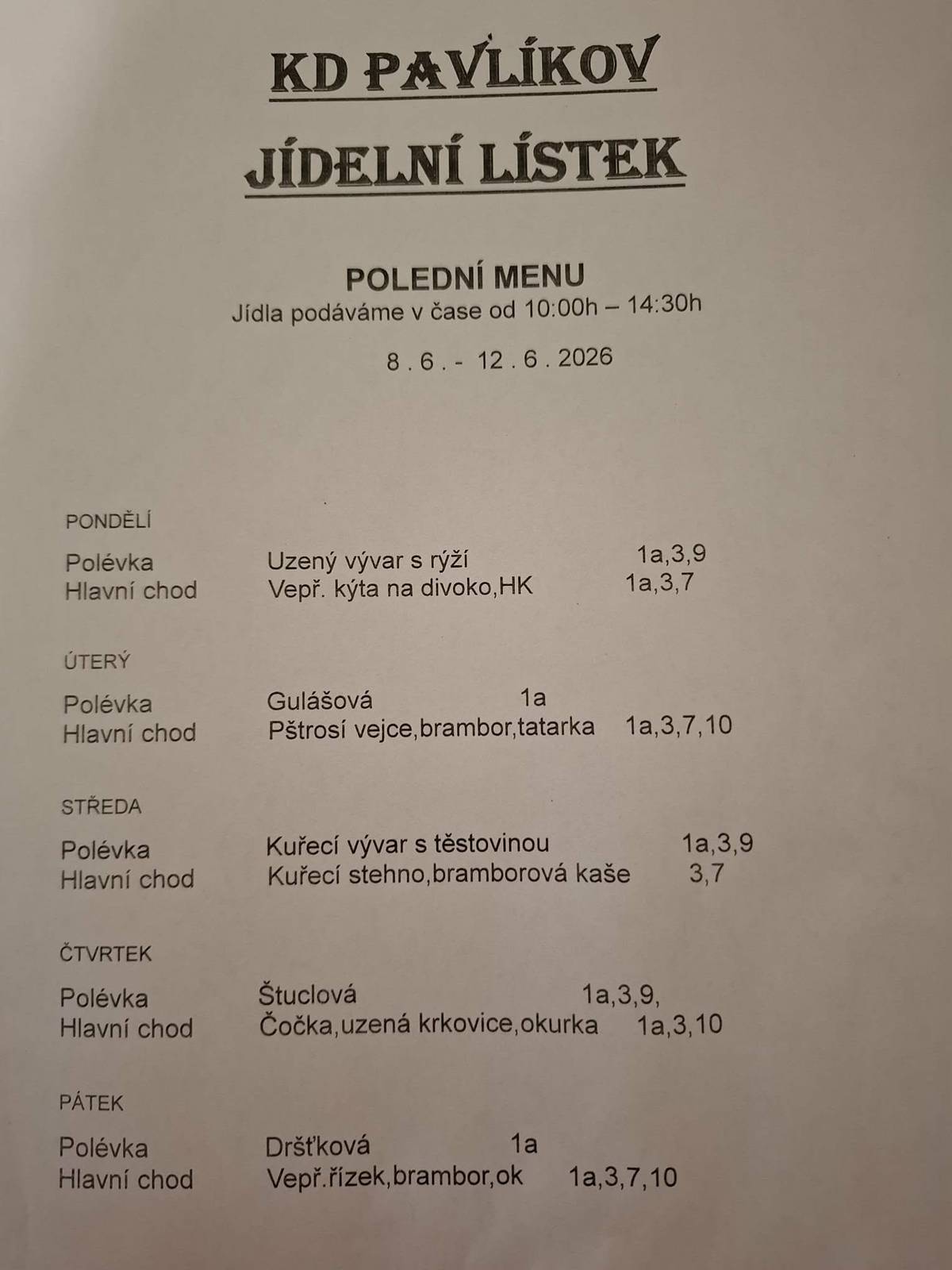Jídelní lístek KD Pavlíkov od 8.6.do 12.6.2026