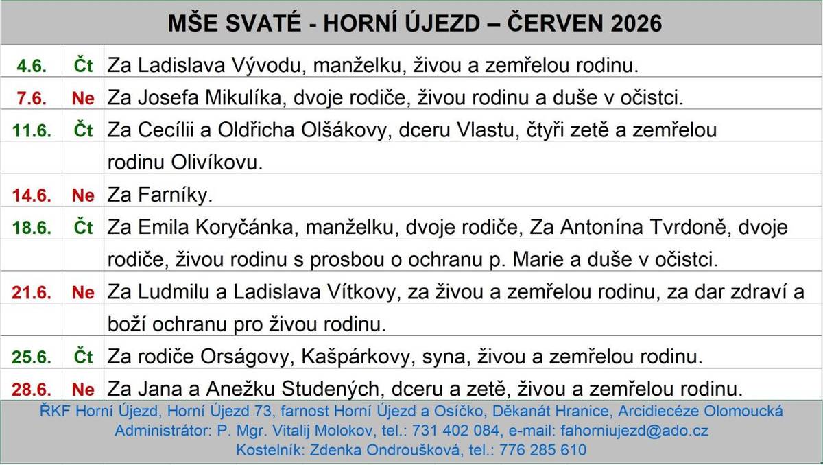 seznam mší svatých na červen 2026