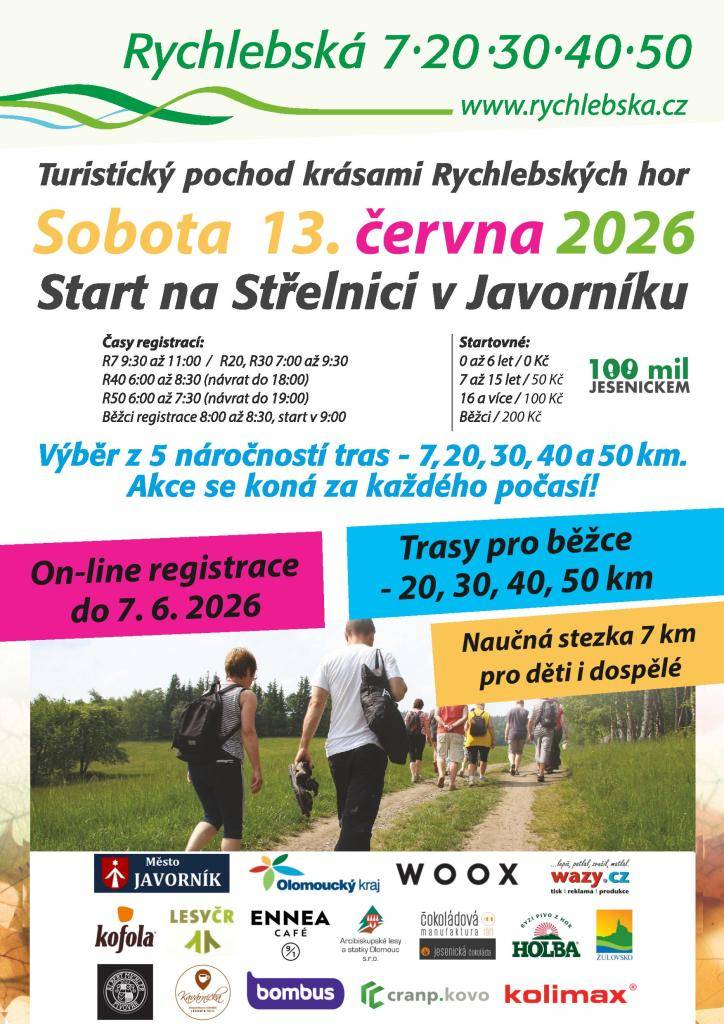 Turistický pochod krásami Rychlebských hor se koná ve dnech 13. 6. 2026. Start je na Střelnici v Javorníku, kde probíhá registrace pro jednotlivé trasy.