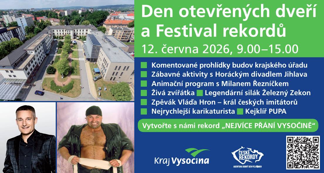 Agentura Dobrý den si Vás dovoluje pozvat na Festival českých rekordů na nádvoří Krajského úřadu v Jihlavě (Žižkova ul.), který proběhne společně s Dnem otevřených dveří na Krajském úřadě v pátek 12. června 2026 od 9 do 15 hodin - vstup je zdarma.