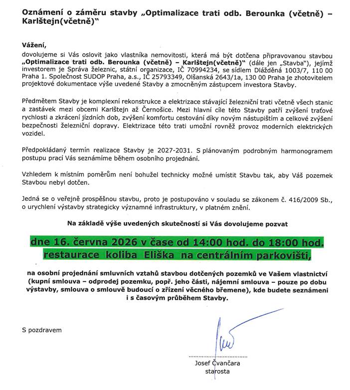 Optimalizace trati - úsek Karlštejn - projednání dopadu stavby 16.6. Koliba Eliška
