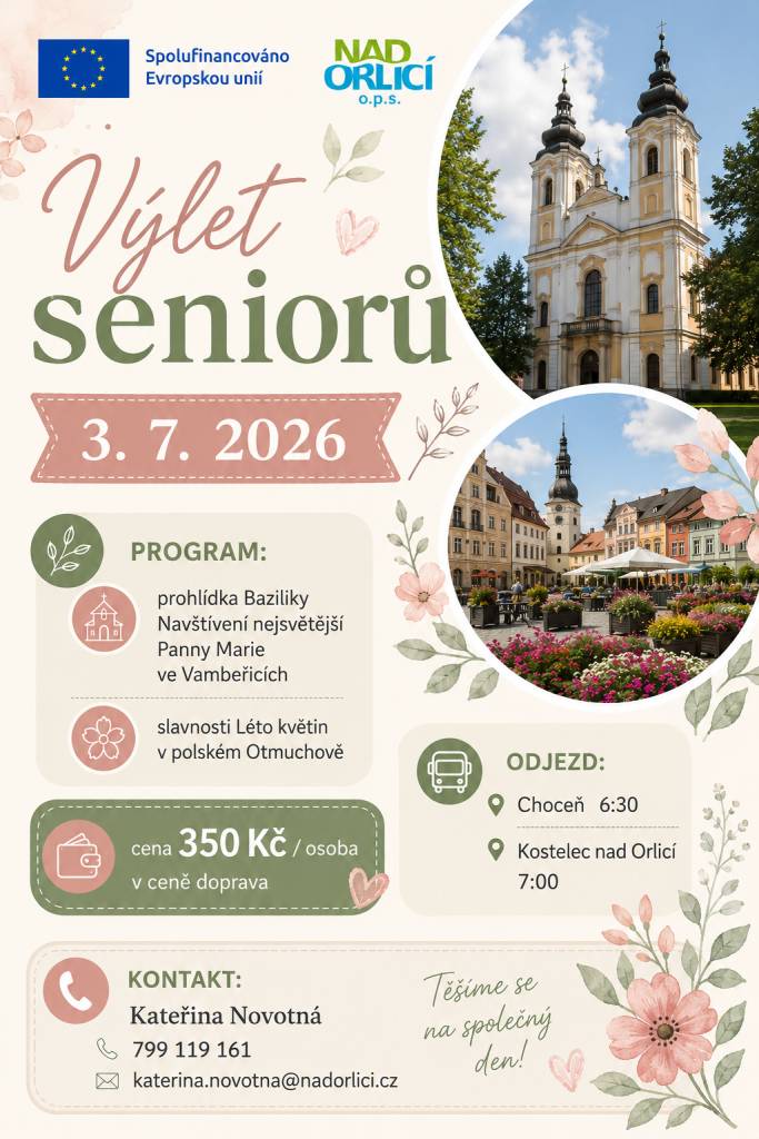 Zveme seniory z vašich obcí na další výlet pořádaný  MAS NAD ORLICÍ, o.p.s. Výlet se pořádá 3.7. a jeho cílovou zastávkou je výstava květin a prodejní trhy v Otmuchowě v Polsku.