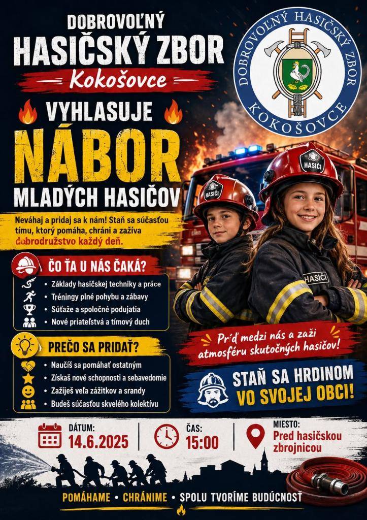 Dobrovoľný hasičský zbor Kokošovce vyhlasuje nábor mladých hasičov. Pridajte sa k nám a zažite dobrodružstvo, nové priateľstvá a zábavu počas tréningov a súťaží.