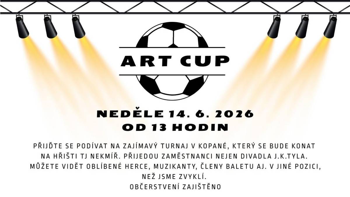 Pozvánka na turnaj v kopané pořádaný zaměstnanci divadla J.K. Tyla v Plzni. Turnaj se uskuteční v neděli 14.6.2026 od 13,00 hod. Občerstvení zajištěno.