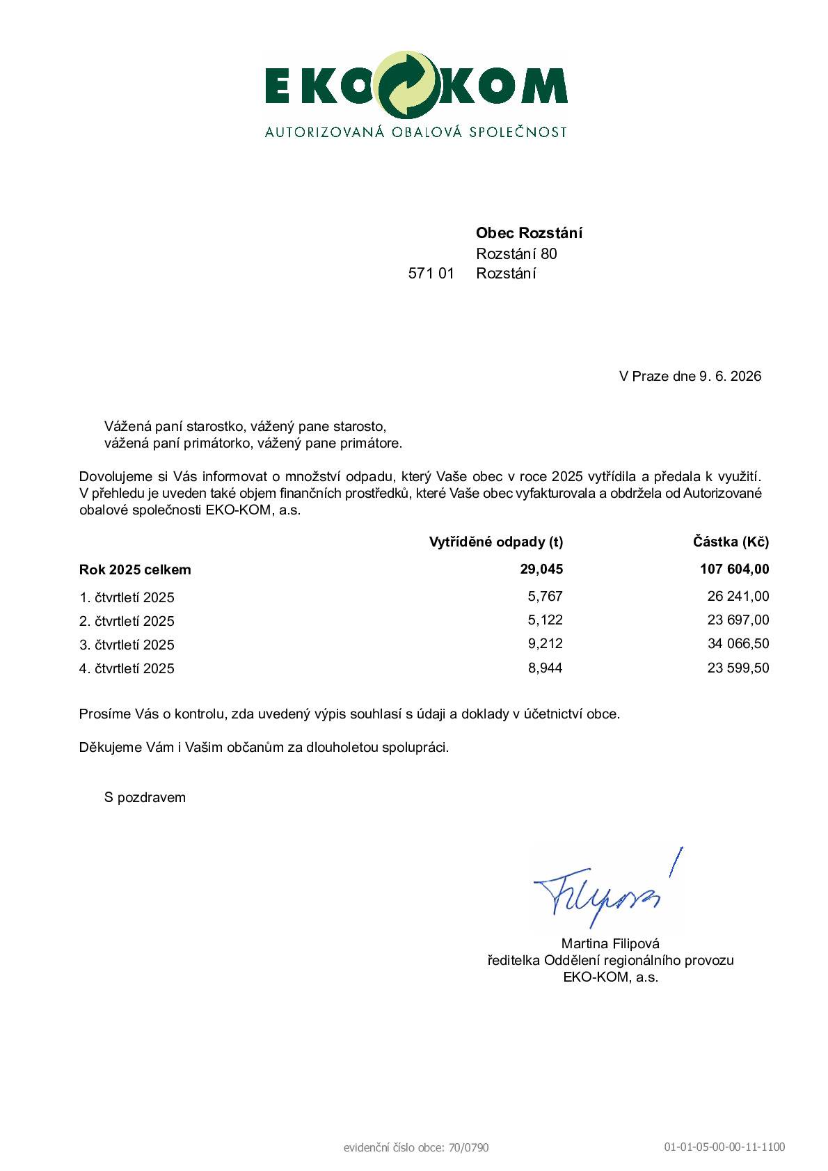 Vážení občané,  výroční zpráva EKOKOM Vás informuje o množství vytříděného odpadu v roce 2025 v Rozstání a o finančním příjmu ve výši 107 604,06 Kč za tento vytříděný odpad.  Za vytříděný odpad má obec příjem pro zlepšení kvalita života v obci.  Pokud se odpad nevytřídí a hodí se do černé popelnice, naopak  za něj ještě zaplatíme.  Tak třiďme poctivě!!!