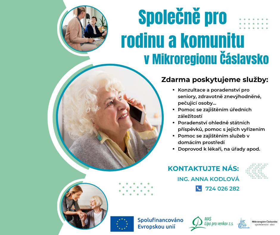 Nejdůležitější informací je, že v rámci mikroregionu stále nabízíme bezplatnou službu neformální sociální péče pro seniory nebo zdravotně znevýhodněné osoby, které potřebují pomoci s vyřízením dávek a příspěvků, kompenzačních pomůcek, zajištěním doprovodu na úřady nebo k lékaři apod.