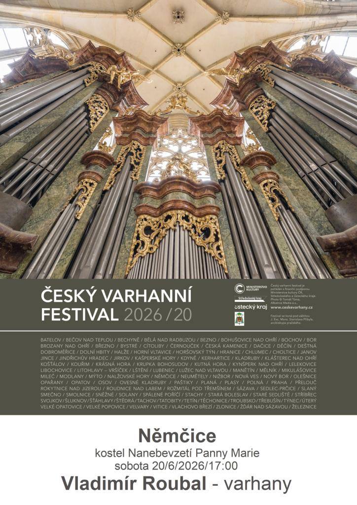 Pozvánka do Němčic na varhanní koncert v rámci Českého varhanního festivalu. Koná se v sobotu 20.6.2026 od 17.00 hod. v kostele Nanebevzetí Panny Marie v Němčicích.
