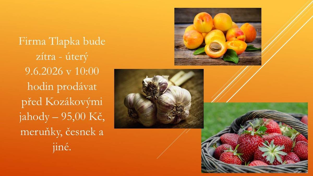 Firma Tlapka bude zítra - úterý 9.6.2026 v 10:00 hodin prodávat před Kozákovými jahody – 95,00 Kč, meruňky, česnek a jiné.