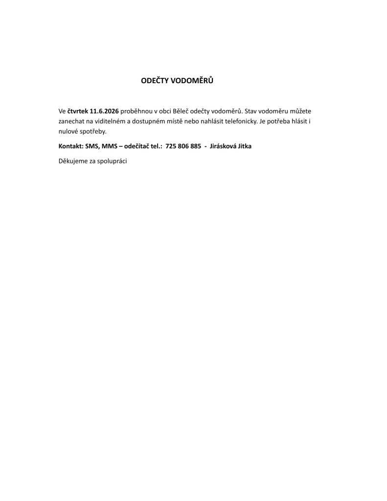 Oznamujeme občanům, že ve čtvrtek 11.6.2026 proběhnou v obci odečty vodoměrů.