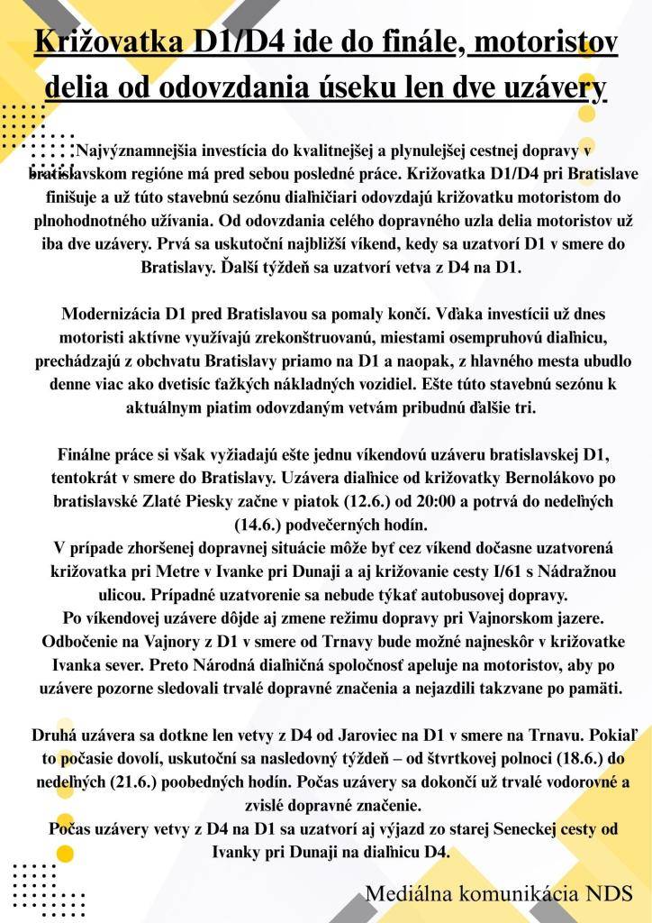 Križovatka D1/D4 ide do finále, motoristov delia od odovzdania úseku len dve uzávery.