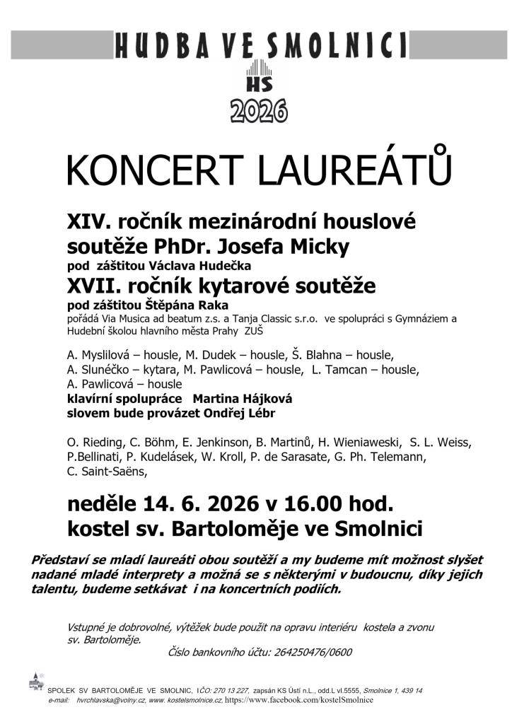 Neděle 14. června 2026 v 16.00 hod. kostel sv. Bartoloměje ve Smolnici.