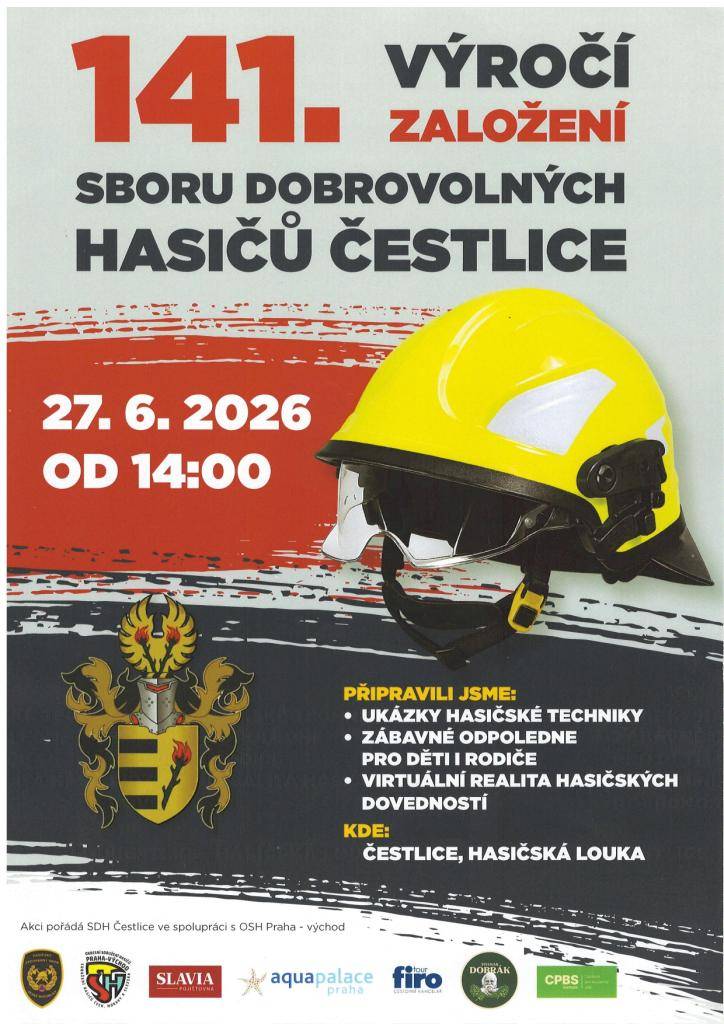 141.výročí založení Sboru dobrovol.hasičů Čestlice - sobota 27.6.2026 od 14h na louce u hasičárny