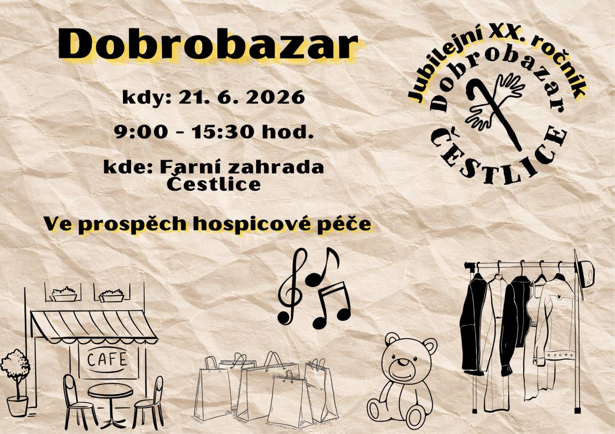 DOBROBAZAR 21.6.2026 na farní zahradě v Čestlicích - věci do bazaru je možné nosit na faru v týdnu od 15.6. ve večerních hodinách nebo potom v sobotu 20.6. po celý den.