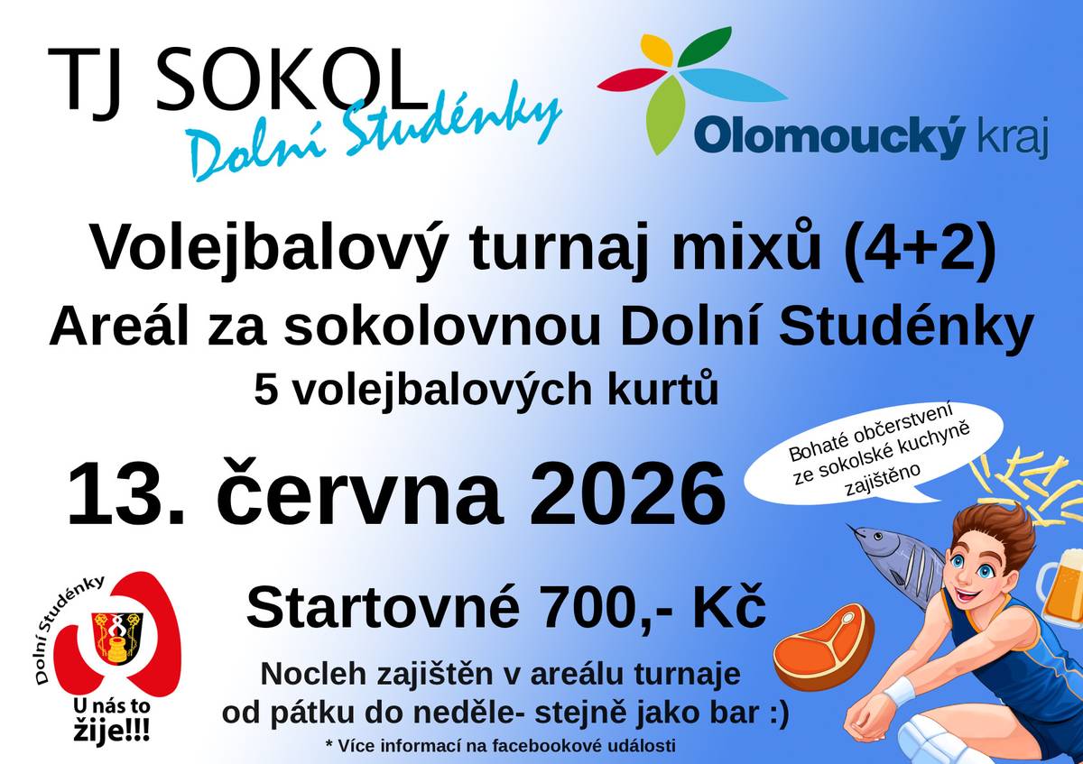 Pozvánka na volejbalový turnaj mixů dne 13.6.2026.