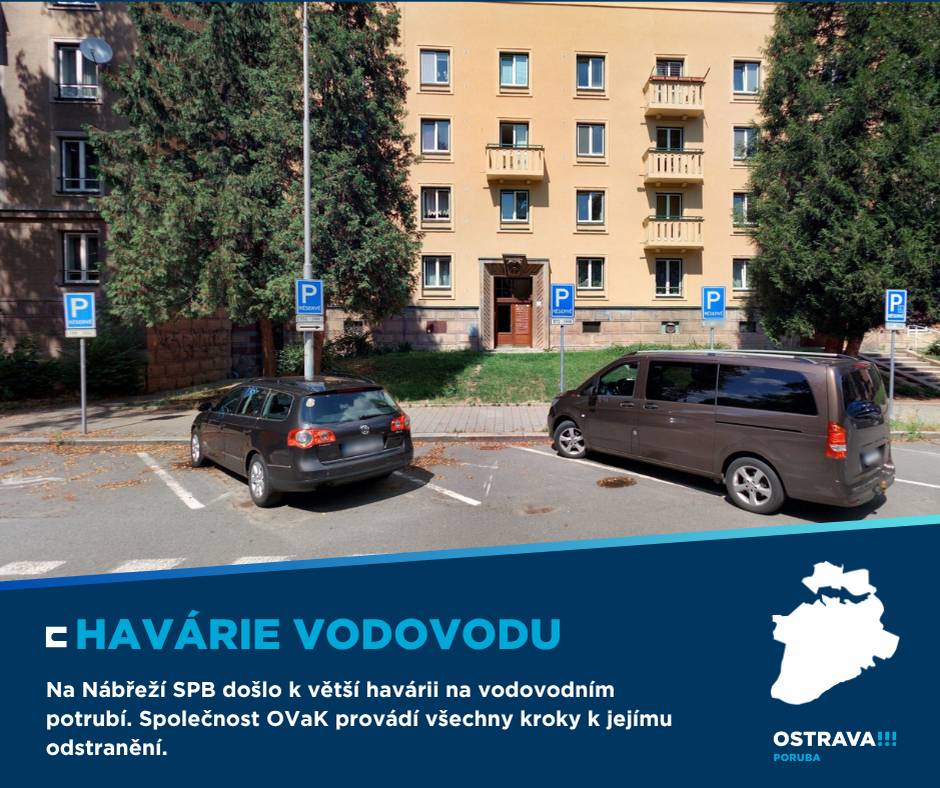 Podle dispečinku společnosti OVaK došlo na Nábřeží SPB u domu č. 444/12 k větší havárii na vodovodním potrubí s únikem vody přesahujícím 100 l/s.    Místo už je lokalizováno, nějakou dobu ale může být voda v celé lokalitě až po Hlavní třídu zakalená, což ale neznamená, že by byla nějakým způsobem závadná.     Omezená už by měla být jen čtyři odběrná místa, která budou dočasně zásobována cisternami.     O dalším vývoji a případných změnách vás budeme informovat.     Více informací najdete na https://www.ovak.cz/     Děkujeme za pochopení.