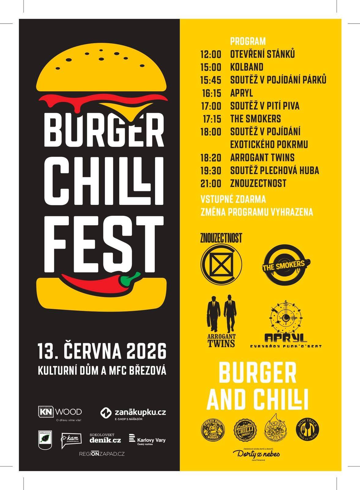 Pozvánka na Burger chilli fest Březová, který se uskuteční v sobotu 13. června 2026 od 12:00 hodin u KD Březová.