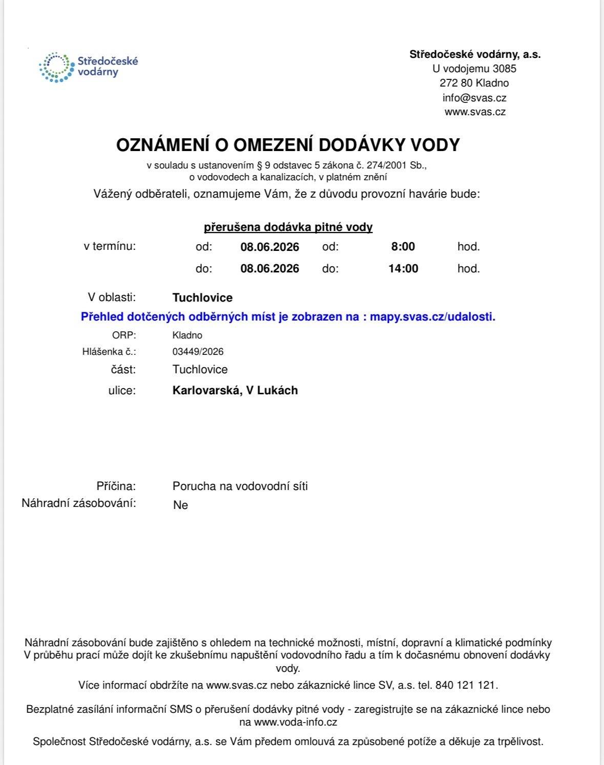 Dnes od 8 do 14 hodin nepoteče voda v ulicích V Lukách a části Karlovarské ulice z důvodu poruchy vodovodu.