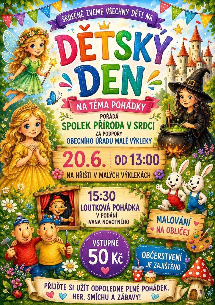 Přijďte si užít pohádkový dětský den, který se koná 20.6.2026 na hřišti v Malých Výklekách.