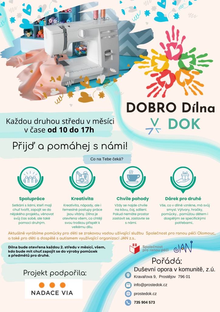 Otevřená tvořivá dílna pro veřejnost zaměřená na výrobu pomůcek a předmětů pro druhé. Součástí je společné tvoření, kreativní činnost, setkávání a dobrovolnická pomoc. Výrobky pomáhají dětem a dospělým se specifickými potřebami.