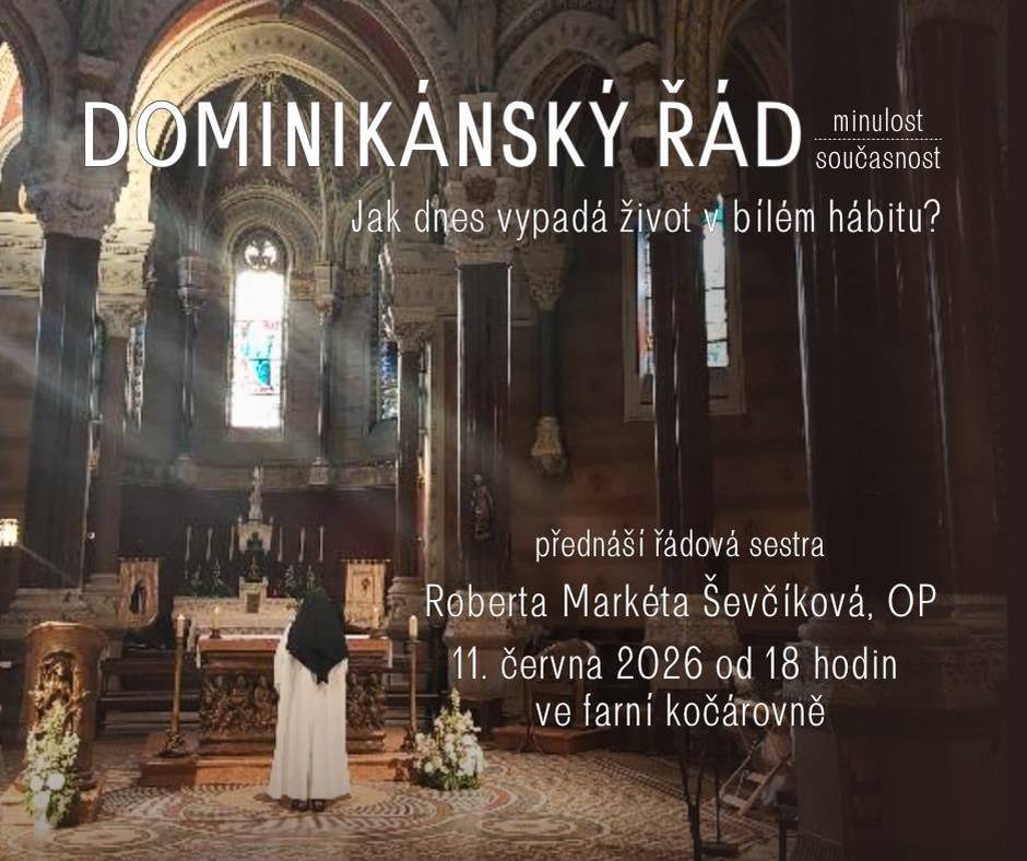 Římskokatolická farnost Mnichovo Hradiště zve na poutavou přednášku věnovanou historii a současnosti dominikánského řádu. Za zdi kláštera nahlédneme společně se sestrou Robertou Markétou Ševčíkovou, OP, která přiblíží společenství, jenž už více než 800 let formuje evropskou kulturu a spiritualitu. Dozvíme se, jaký je odkaz svatého Dominika, v čem spočívá současná služba dominikánů i jak vypadá běžný den v klášteře.   Přednáška se uskuteční 11. června 2026 od 18 hodin ve farní kočárovně. Po jejím ukončení bude prostor pro dotazy.