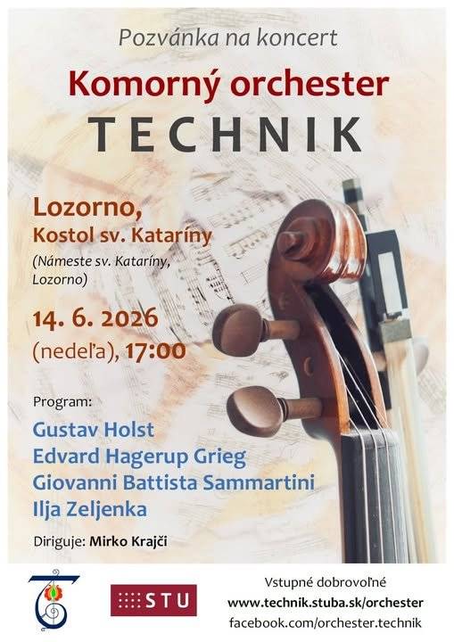 Vážení občania, srdečne vás pozývame na koncert Komorného orchestra TECHNIK, ktorý sa uskutoční v nedeľu 14. júna o 17.00 hodine v Kostole svätej Kataríny v Lozorne. Pod taktovkou dirigenta Mirka Krajčiho zaznejú diela významných skladateľov Gustava Holsta, Edvarda Griega, Giovanniho Battistu Sammartiniho a Ilju Zeljenku. Príďte si vychutnať príjemný podvečer plný krásnej hudby v jedinečnej atmosfére nášho kostola. Vstupné je dobrovoľné. Tešíme sa na vašu návštevu.
