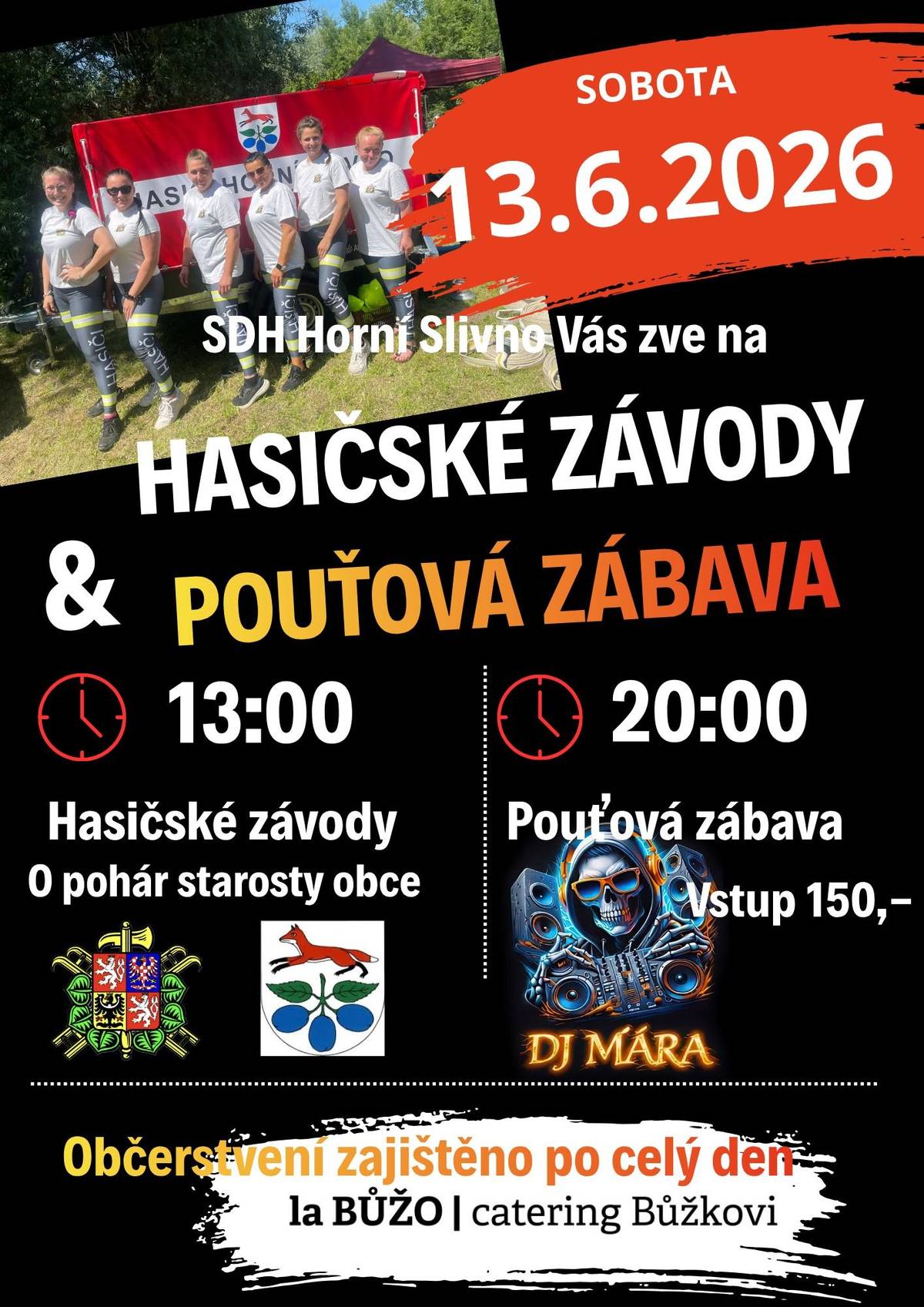 již tuto sobotu 13. června 2026 vás SDH Horní Slivno srdečně zve na tradiční hasičské závody a pouťovou zábavu. 🏆13:00 – hasičské závody o pohár starosty obce                 🎶20:00 – pouťová zábava - DJ Mára, vstupné 150Kč 🎡Po celý den budou pro děti i dospělé připraveny pouťové atrakce 🍔občerstvení a osvěžující nápoje🍹zajistí místní catering Bůžkovi Přijďte podpořit místní hasiče i soutěžní týmy, které změří své síly v hasičském sportu 🚒💪, strávit příjemný den s rodinou, přáteli i sousedy a večer si užít pouťovou zábavu plnou hudby, tance a dobré nálady 💃🕺🎶 Těšíme se na Vás😊