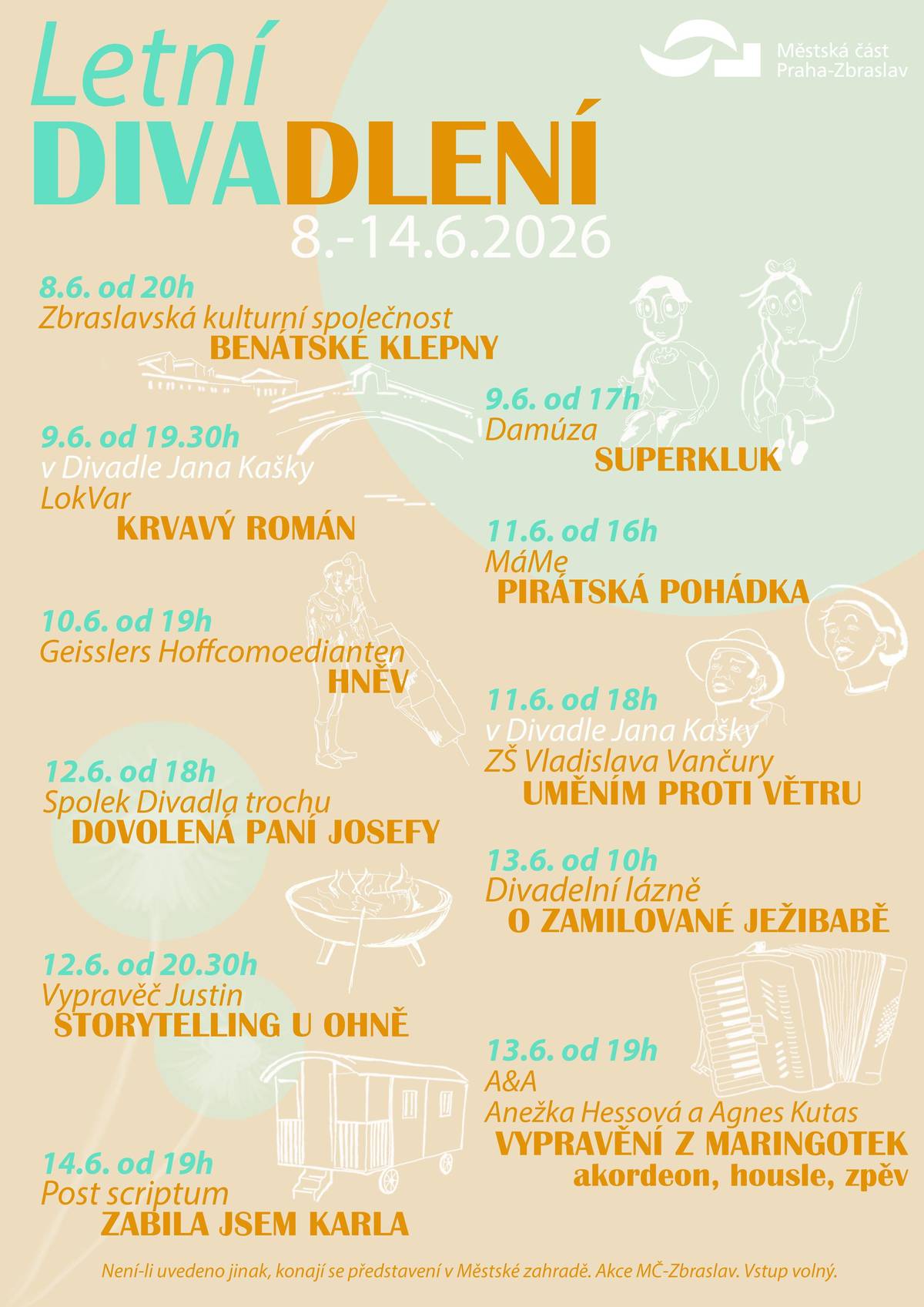 Letošní ročník divadelního festivalu na Zbraslavi začne už dnes. V pondělí 8. června od 20:00 jej otevře představení Benátské klep(n)y v podání Zbraslavské kulturní společnosti. Akce se odehraje v Městské zahradě.  Přijďte se rozehřát nejen legendární „žížalí hitovkou“, ale i atmosférou slunných Benátek, kde čas plyne pomalu, zato klevetná ústa jedou na plné obrátky.  Benátské klep(n)y zahájí sedmidenní divadelní minifestival Letní DivaDlení, který od 8. do 14. června nabídne jedenáct představení pro děti i dospělé, rodiny, mladé i zkušené divadelní diváky. Hrát se bude v Městské zahradě i v Divadle Jana Kašky. Na všechna představení je vstup zdarma. https://www.mc-zbraslav.cz/