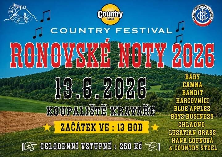 Tradiční country festival Ronovské noty již 13.6.2026 od 13h na koupališti v Kravařích. Celodenní vstupné 250 Kč.