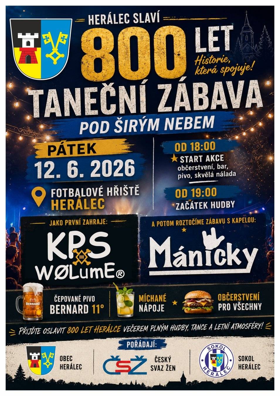 Taneční zábava pod širým nebem pátek 12.6.2026, fotbalové hřiště Herálec od 18 hod. - hudba KPS WØLumE® a Máničky