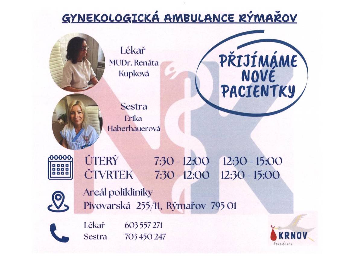 Gynekologická ambulance v Rýmařově přijímá nové pacientky. Ordinační hodiny jsou v úterý a čtvrtek v areálu polikliniky.