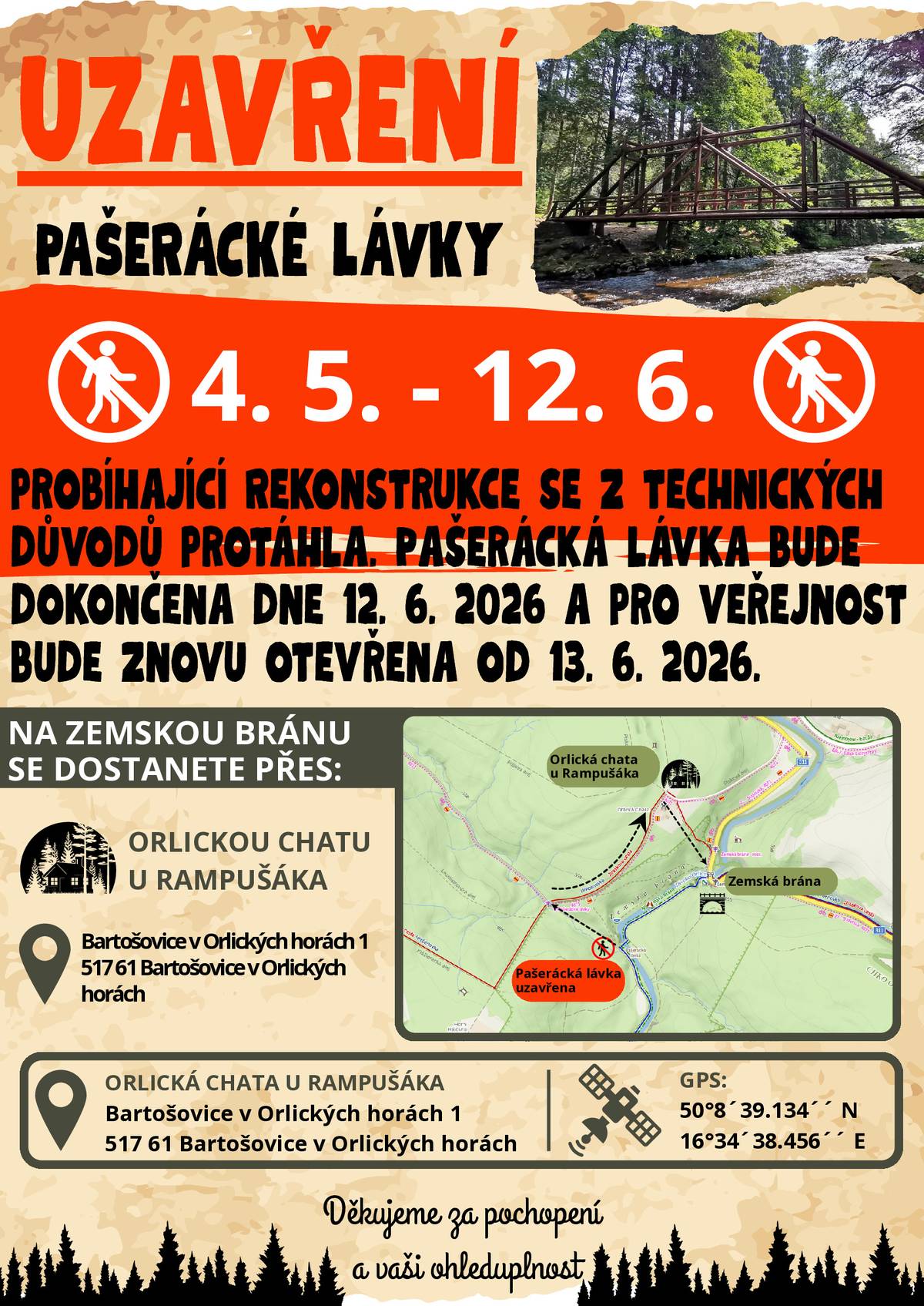 Vážení občané a návštěvníci, z důvodu prodloužení stavebních prací na rekonstrukci Pašerácké lávky se nepodařilo dokončit opravu v původně plánovaném termínu. Pašerácká lávka bude dokončena dne 12. 6. 2026 a pro veřejnost bude znovu otevřena od soboty 13. 6. 2026. Prosíme o respektování uzavírky a zvýšenou opatrnost v okolí stavby. Děkujeme za pochopení.
