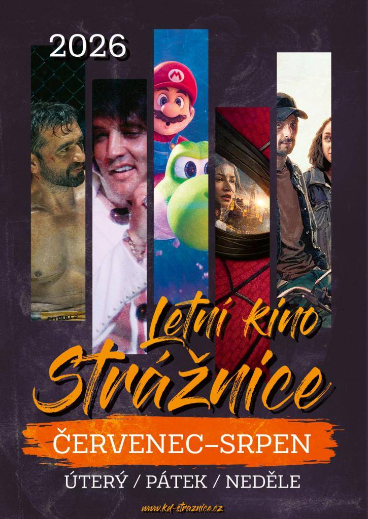 červenec od 21:00 / srpen od 20:30   - promítá se: úterý, pátek, neděle   Místo konání: Zámecký park Strážnice (areál Letního kina)   Pořadatel: Kulturní dům Strážničan ve Strážnici, Město Strážnice    Vstupenky v předprodeji on-line nebo na místě