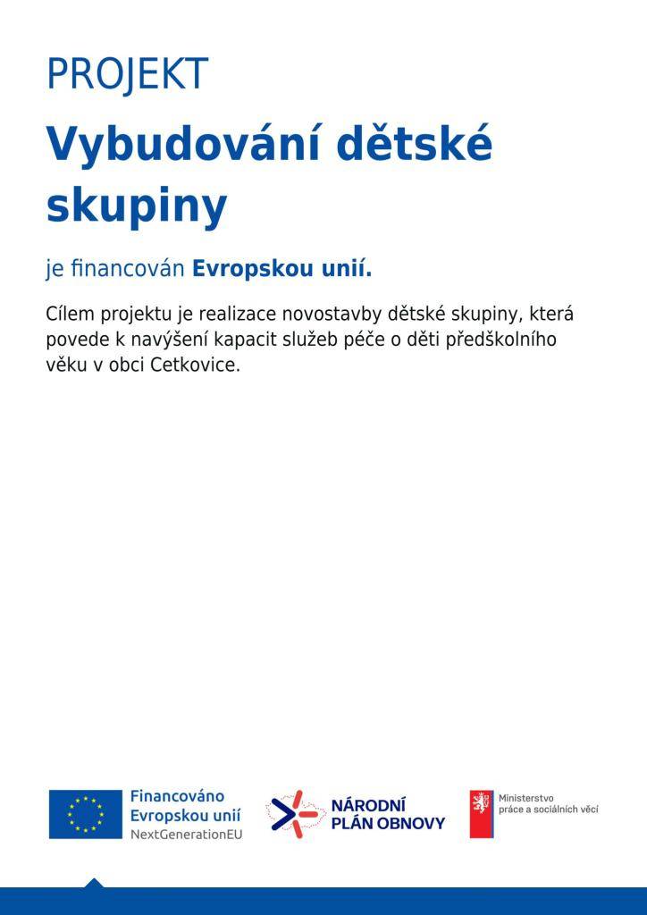 Obec Cetkovice realizuje projekt „Vybudování dětské skupiny“