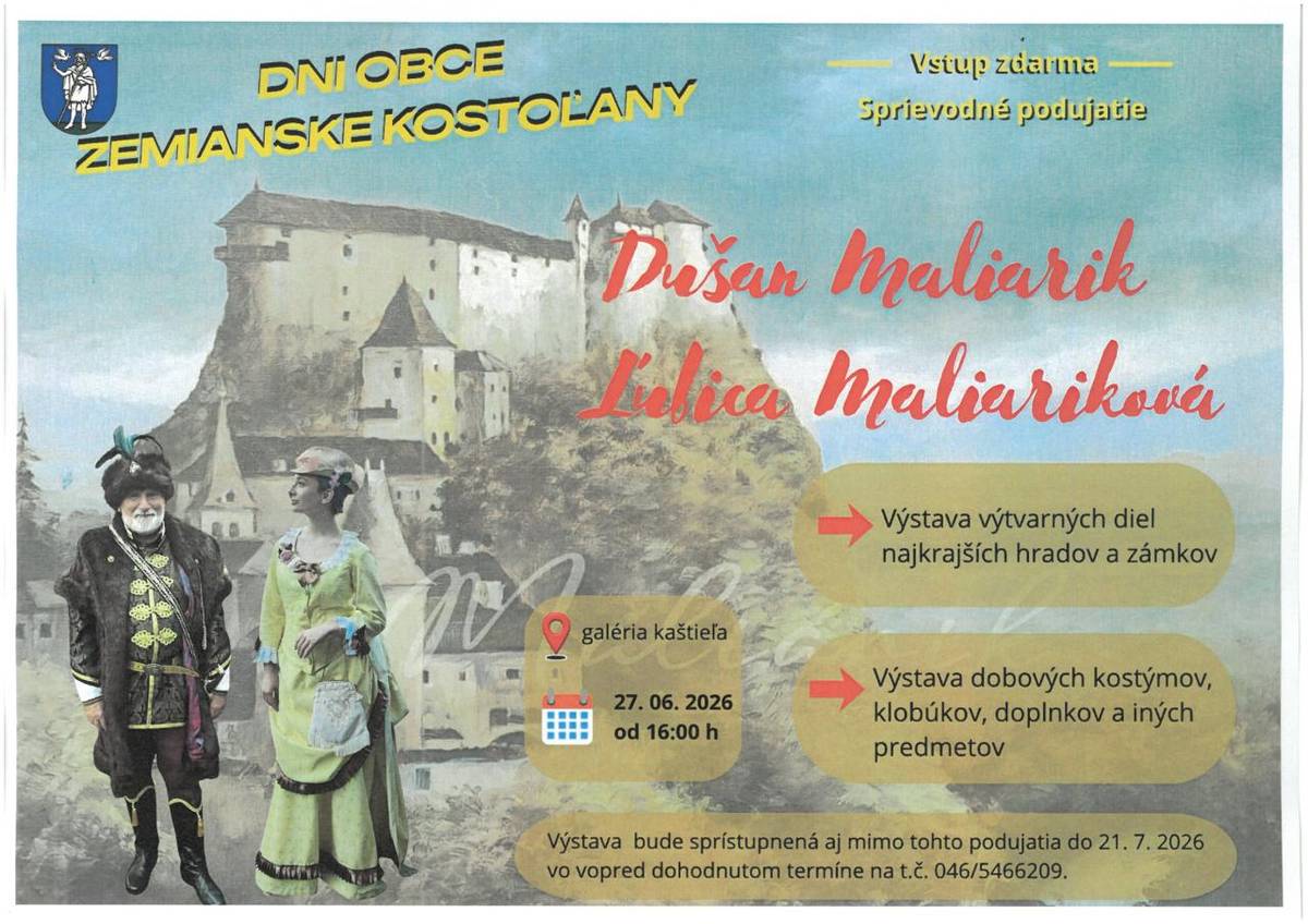 Súčasťou Dňa obce bude aj sprístupnenie kaštieľa od 16h - 18h. O 18 h sa bude konať komentovaná skupinová prehliadka. V galérii kaštieľa si možete pozrieť výstavu výtvarných diel Dušana Maliarika a Ľubice Maliarikovej od 16h - 20h. Súčasťou expozície budú aj dobové kostýmy, klobúky, doplnky a iné.