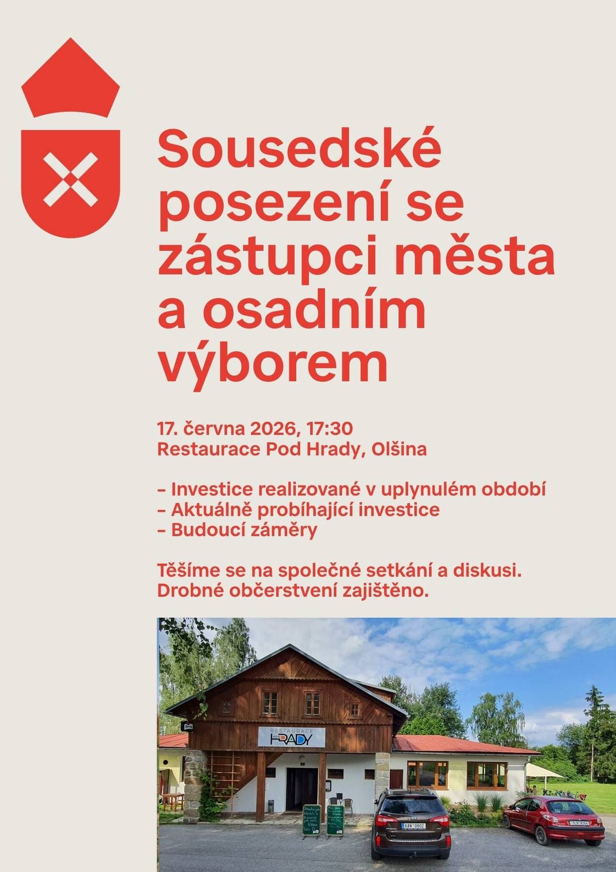 Po roce se vrací série sousedských setkání v místních částech. Na Olšině se letos uskuteční ve středu 17. června 2026 od 17:30 hodin. Přijďte posedět se zástupci vedení města a městského úřadu. Atmosféra bude neformální, prostor pro dotazy a připomínky takřka neomezený a k dispozici bude i drobné občerstvení.  Podíváme se na nedávno realizované investice a opravy, projdeme aktuální seznam úkolů, které město v místní části eviduje, posbíráme nové podněty. Těšíme se na vaše připomínky a dotazy a doufáme, že se sejdeme tváří v tvář v hojném počtu.