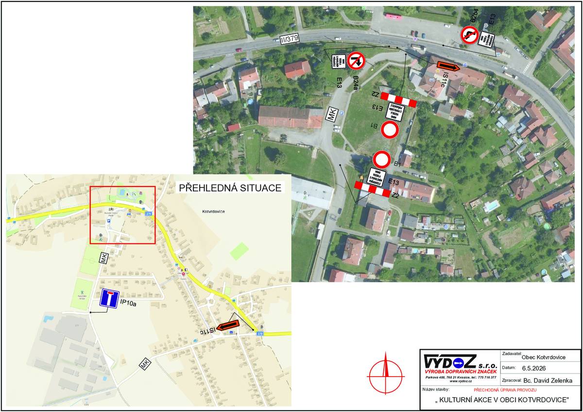 Z důvodu zajištění bezpečnosti silničního provozu při pořádání tradičních hodů v obci, je ve dnech 15. 6. 2026 - 22. 6. 2026 stanovena v intravilánu obce přechodná úprava /PÚP/ provozu na silnici II/379 a na místní komunikaci od silnice II/379 ke sportovnímu hřišti.  MěÚ Blansko, odbor stavební úřad, oddělení silničního a vodního hospodářství, s ohledem na rozsah kulturní akce s velkým počtem návštěvníků, pro zajištění jejich bezpečnosti, považuje tuto PÚP za nezbytnou. Proto PÚP na silnici II/379 a na MK v obci Kotvrdovice stanovil, a to dle § 77 odst. 1 písm. c) zákona o silničním provozu, po písemném vyjádření příslušného orgánu policie, jako opatření obecné povahy postupem dle § 171 správního řádu a dle § 77odst. 5 zákona o silničním provozu. Děkujeme za pochopení. Příloha: situace PÚP