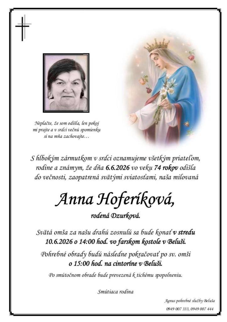 Hoferíková Anna, rod. Dzurková jún 2026