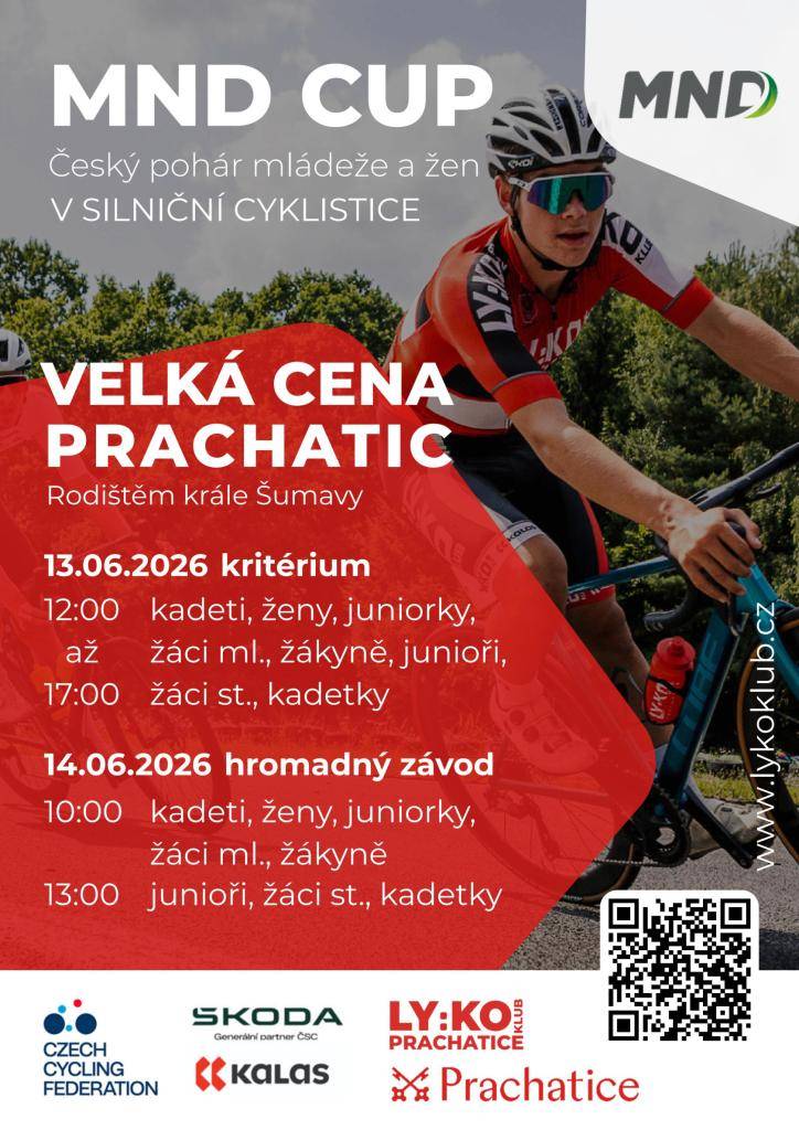 Dne 14. června 2026 se bude v Prachaticích a okolí konat cyklistický závod MND CUP, který je součástí Českého poháru mládeže a žen v silniční cyklistice. Závod začne v 10:00 a povede přes několik obcí, včetně Prachatic. Z důvodu zajištění bezpečnosti závodníků a účastníků silničního provozu dojde k