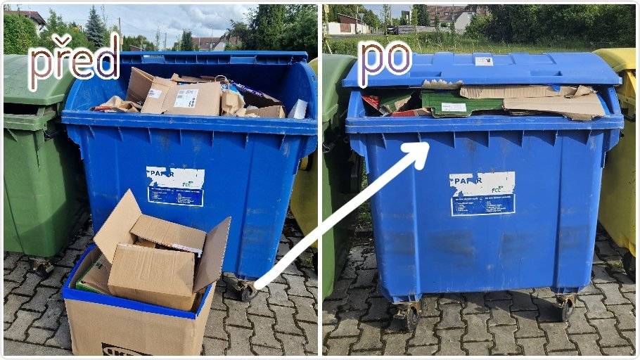 Prosím, nezapomínejme, že i malý krok může udělat velký rozdíl.  Často se stává, že občané hází celé nerozložené krabice do modrého kontejneru nebo je nechávají ležet vedle, zvlášť když se zdá být plný. 📦 Přitom stačí pár minut:  krabici rozložit případně zajet ke kontejneru, kde je místa dost  Na fotkách (z minulého týdne) je vidět rozdíl – krabice vcelku, se po rozložení krásně vešly dovnitř. 💡 Buďme ohleduplní k ostatním i k prostředí. 💙 Děkujeme, že třídíte správně!