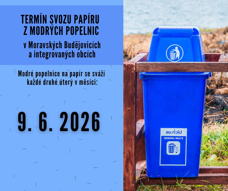 Připomínáme pravidelný svoz papíru, který v Moravských Budějovicích a integrovaných obcích proběhne v úterý 9. června 2026.