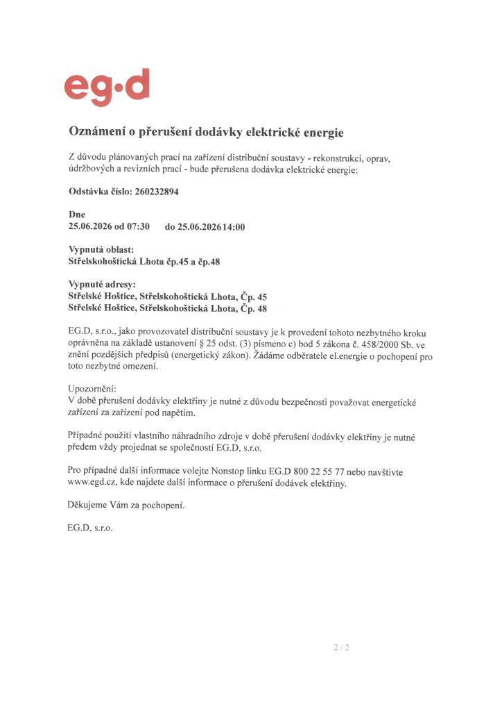 Oznámení o přerušení dodávky elektrické energie dne 25.06.2026 od 07:30 do 14:00