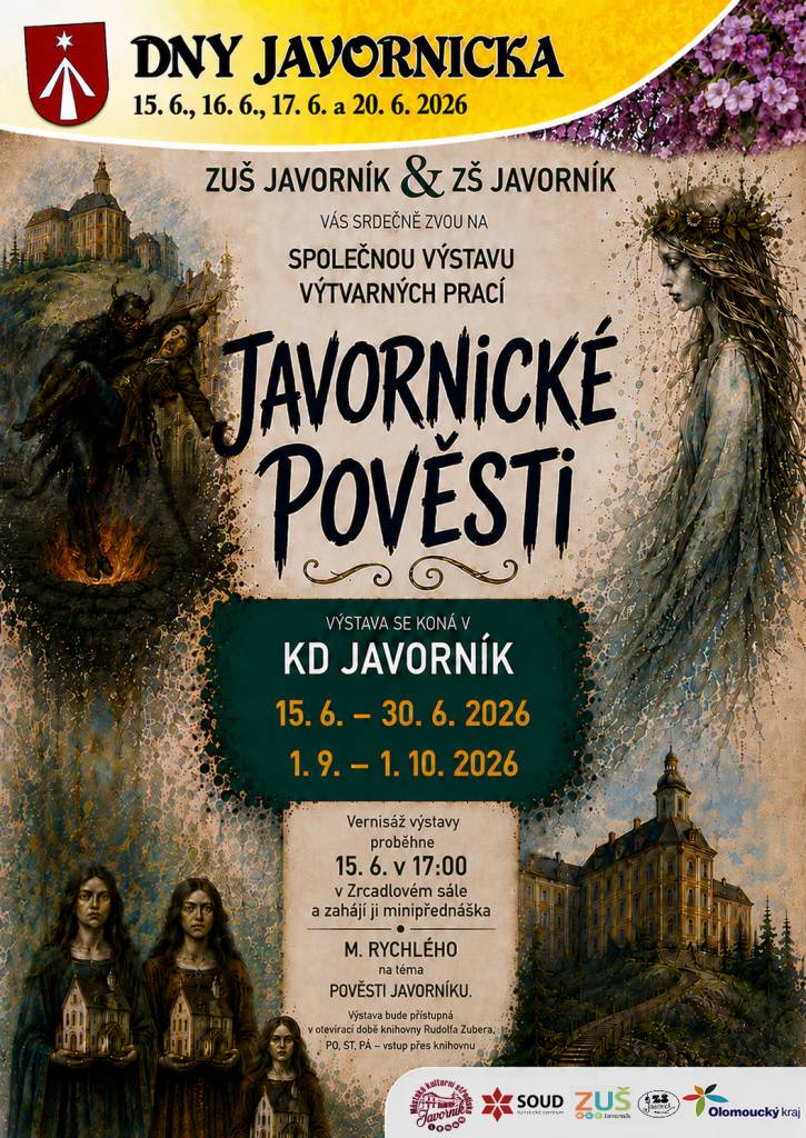 Společná výstava výtvarných prací se uskuteční v MěKS Javorník. Vernisáž výstavy proběhne 15. června 2026 v 17:00, kde se můžete těšit na minipřednášku M. Rychlého na téma Pověsti Javorníku. Výstava bude otevřena v otevírací době knihovny Rudolfa Zubera.