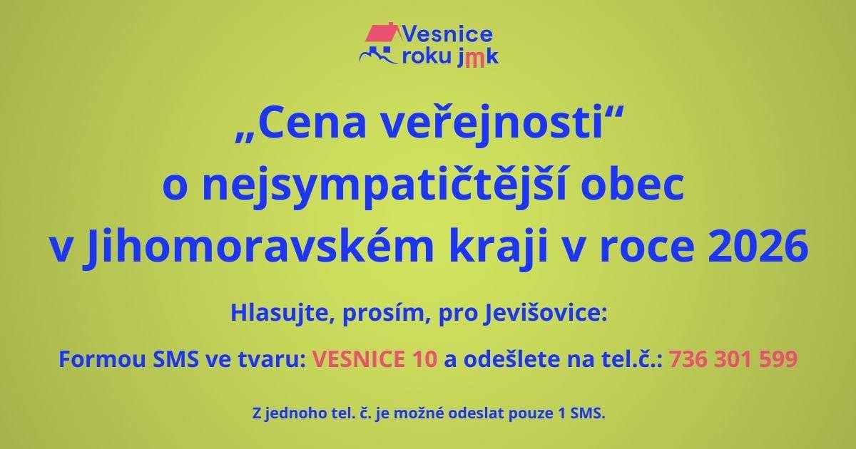 Dobrý den, rád bych Vás požádal o podporu městečka Jevišovice v soutěži Vesnice roku a to zasláním sms ve tvaru VESNICE 10 na tel. č. 736301599. děkuji a přeji hezký den 😊 o podporu prosím, požádejte i své kamarády a známé  Pavel Málek