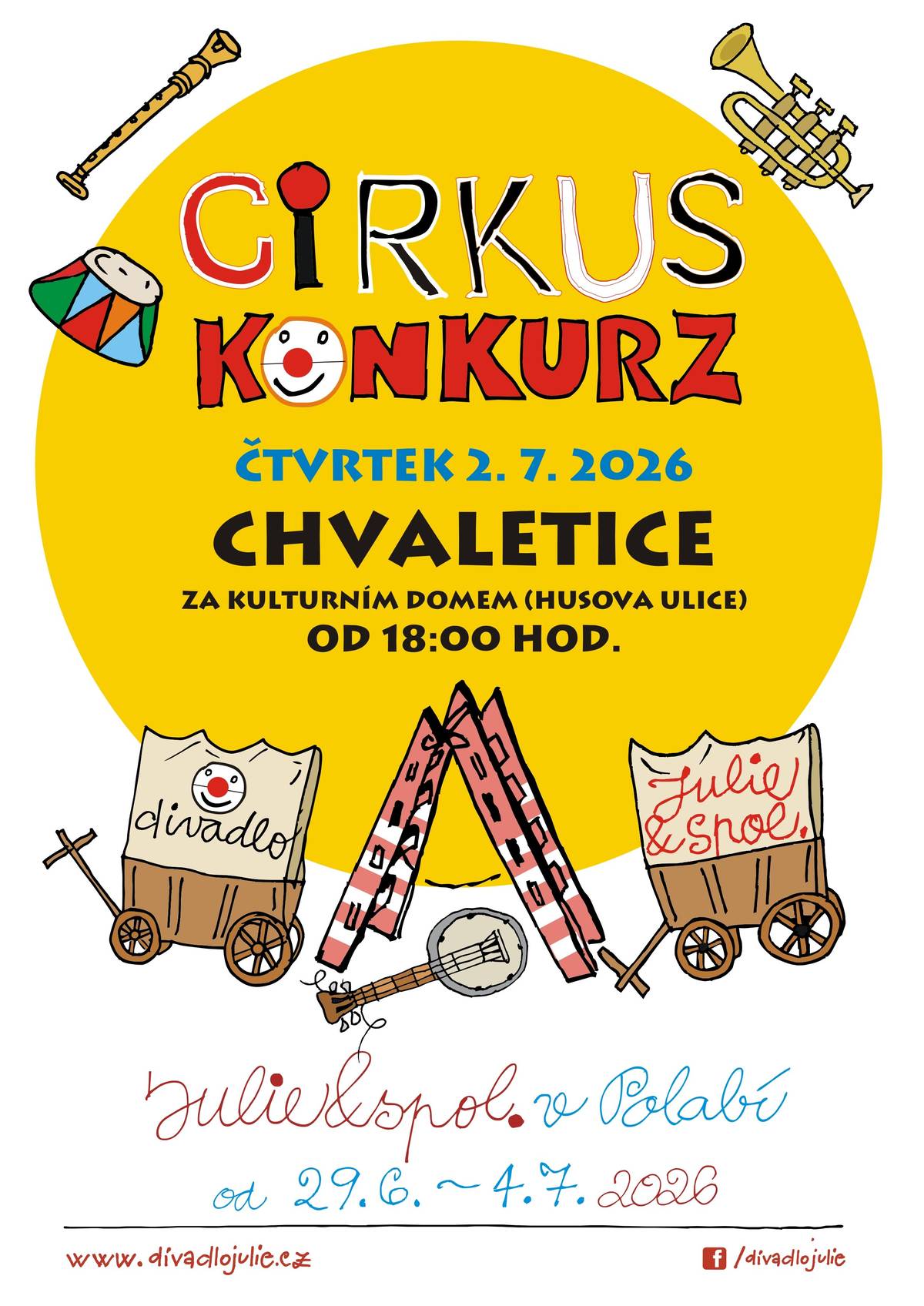 Divadelní drama KONKURZ CIRKUS ve čtvrtek 2.7.2026. Milí spoluobčané, na představení máte možnost vzít si deky a rozložit si je na sezení či ležení. Začátek představení je v 18:00 hodin.