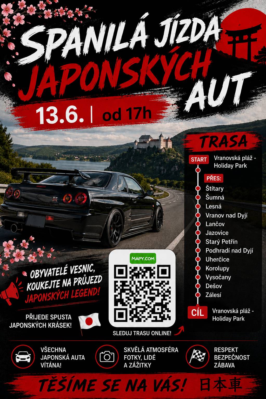 Přijďte se dne 13.6.2026 podívat na spanilou jízdu japonských aut, která bude projíždět i naší obcí.