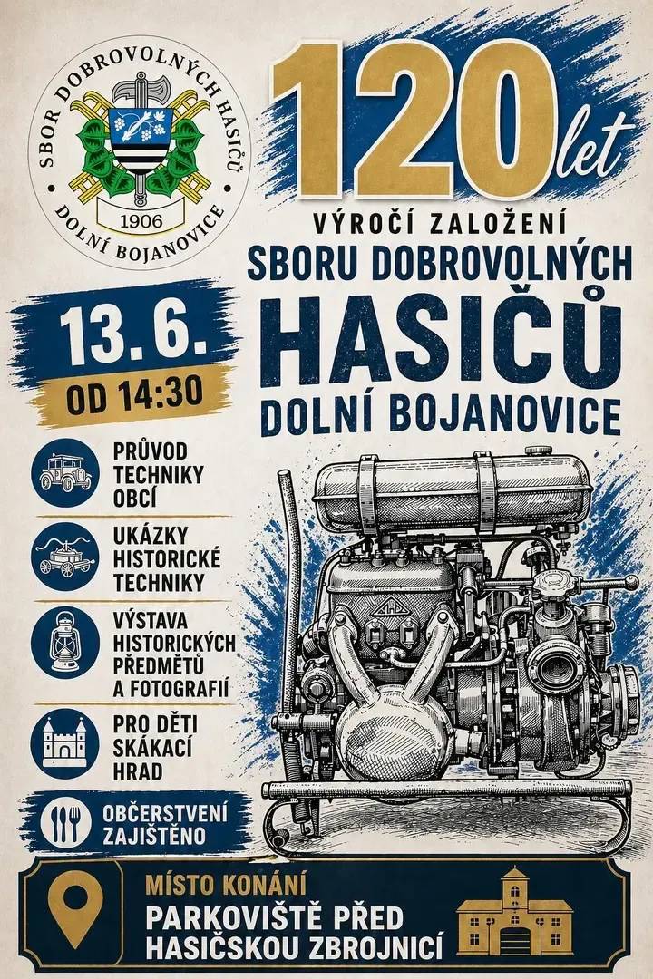 Sbor dobrovolných hasičů Dolní Bojanovice zve všechny občany i návštěvníky na oslavu významného výročí – 120 let od založení sboru v sobotu 13. června od 14:30 na parkovišti před hasičskou zbrojnicí. Těšit se můžete na průvod hasičské techniky obcí, ukázky historické techniky, výstavu historických předmětů a fotografií, skákací hrad pro děti.  Občerstvení zajištěno.