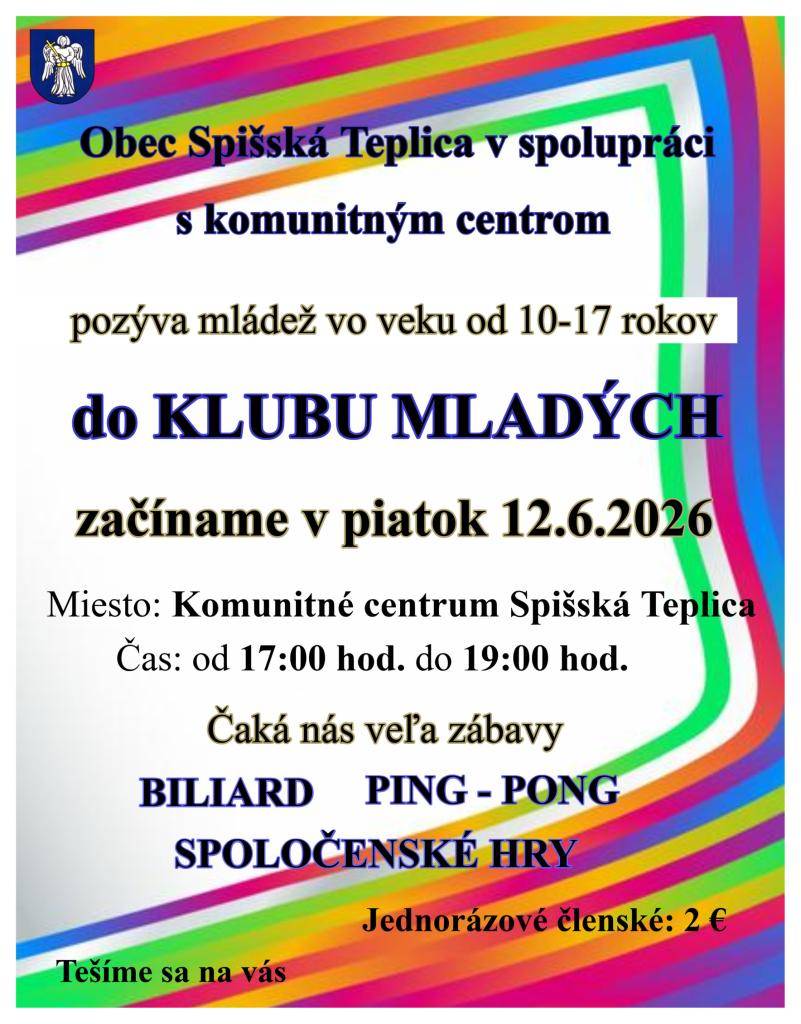 Srdečne pozývame mládež vo veku od 10 - 17 rokov do Klubu mladých. Prvýkrát sa stretneme v piatok 12. júna 2026 v čase od 17.00 do 19.00 hod.