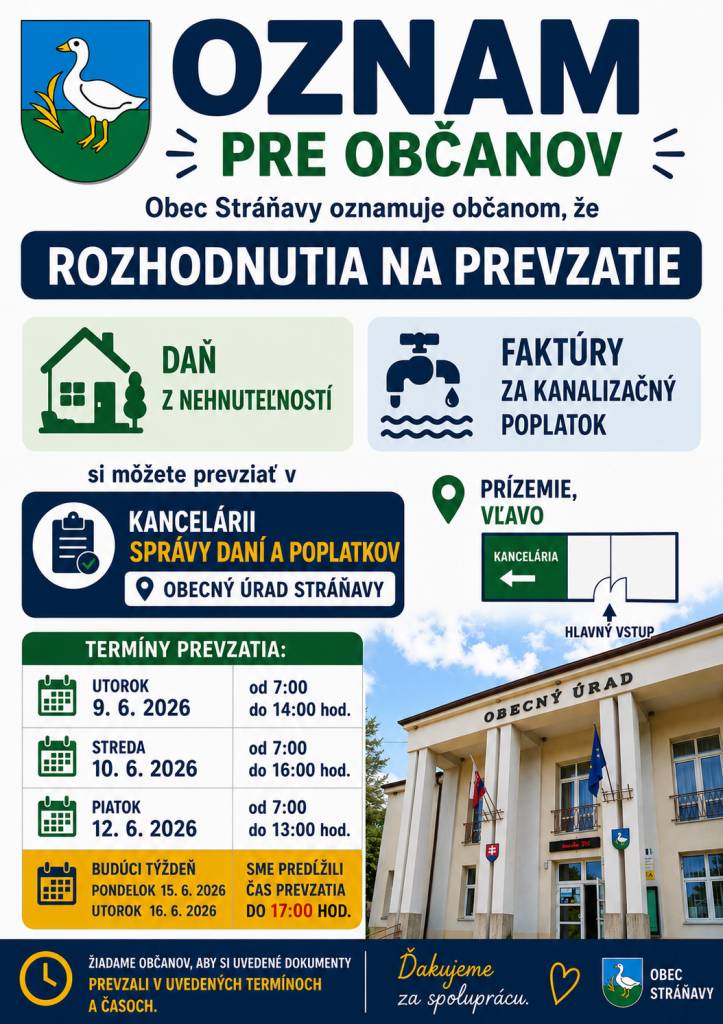 Obec Stráňavy oznamuje, že Rozhodnutia (miestne dane a faktúry za kanalizačný poplatok), si môžete prísť osobne prevziať do kancelárie Správy daní a poplatkov, na prízemí budovy Obecného úradu v Stráňavách.