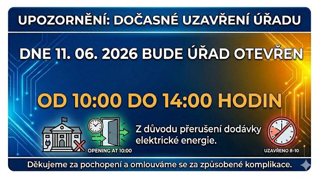Z důvodu plánovaného přerušení dodávky el. energie bude tento čtvrtek 11.6. MěÚ Žacléř uzavřen od 10:00 do 14:00 hodin. Děkujeme za pochopení.