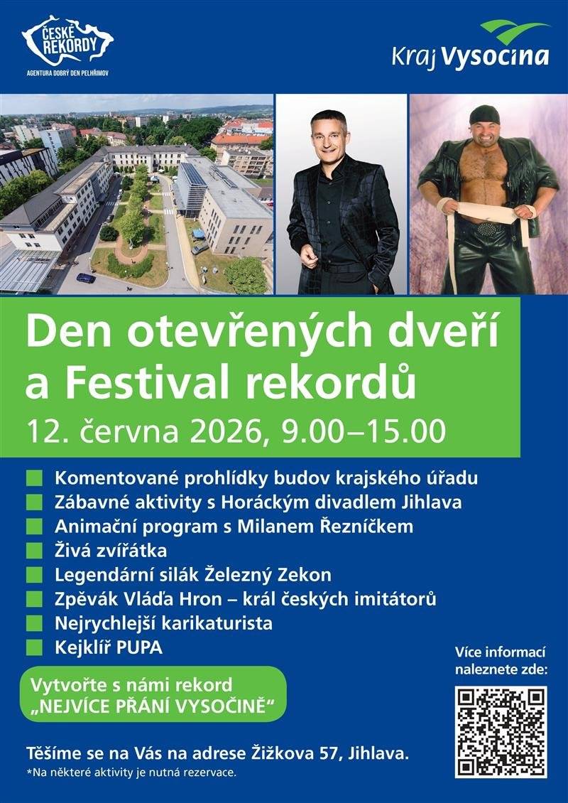 Kraj Vysočina zve veřejnost na Den otevřených dveří a Festival rekordů. Akce se uskuteční v pátek 12. června 2026 od 9.00 do 15.00 v sídle krajského úřadu na adrese Žižkova 57, Jihlava. Těšte se na komentované prohlídky budov krajského úřadu, zábavné aktivity s Horáckým divadlem Jihlava, animační program s Milanem Řezníčkem, živá zvířátka, kejklíře PUPU, nejrychlejšího karikaturistu i legendárního siláka Železného Zekona. Program zpestří také zpěvák Vláďa Hron, známý jako král českých imitátorů. Společně se budete moci zapojit i do pokusu o rekord s názvem „Nejvíce přání Vysočině“. Vstup na akci je zdarma. Na komentovanou prohlídku krajského úřadu je potřeba se přihlásit zde.